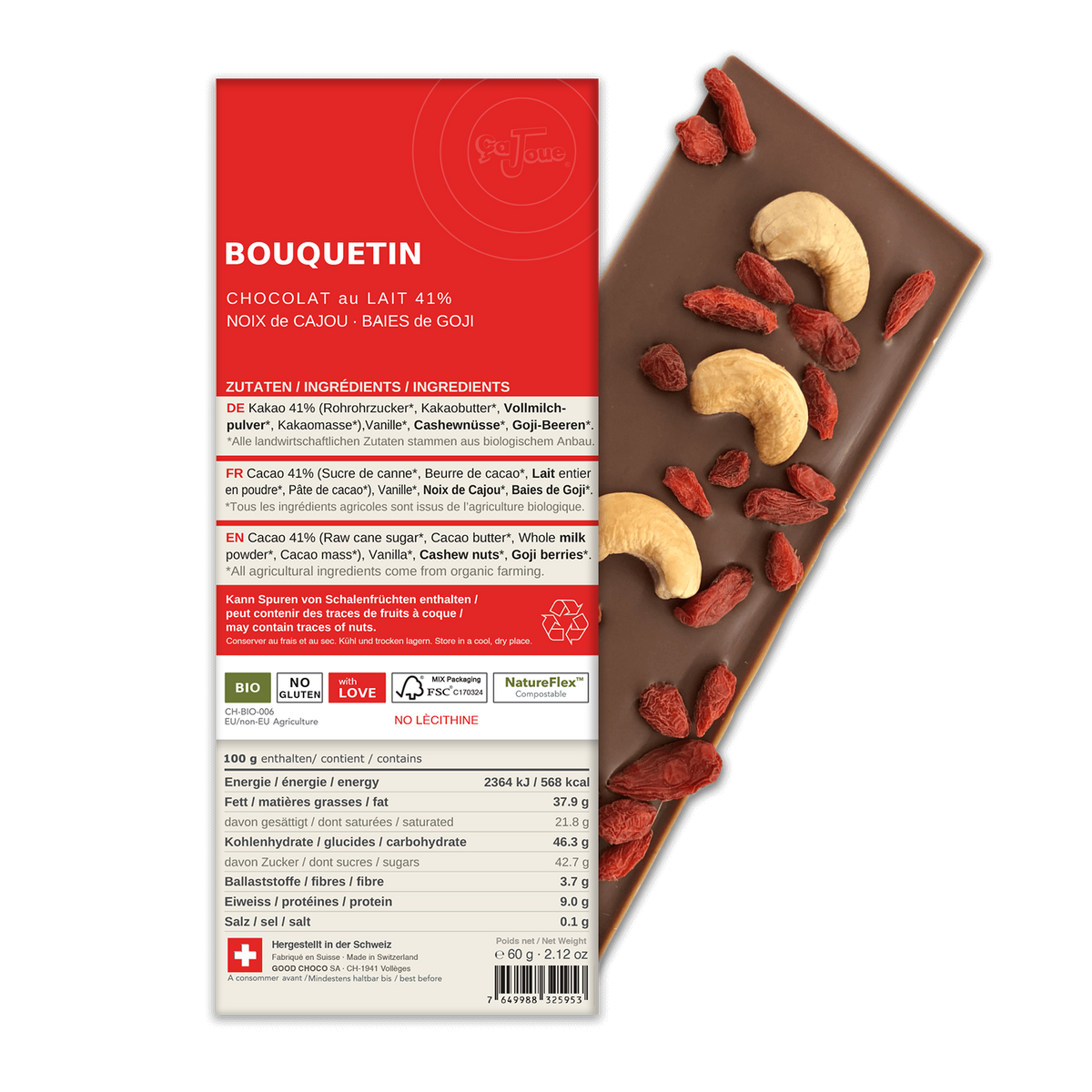 BOUQUETIN: Schweizer Milchschokolade, Cashews, Goji-Beeren (BL3-S)