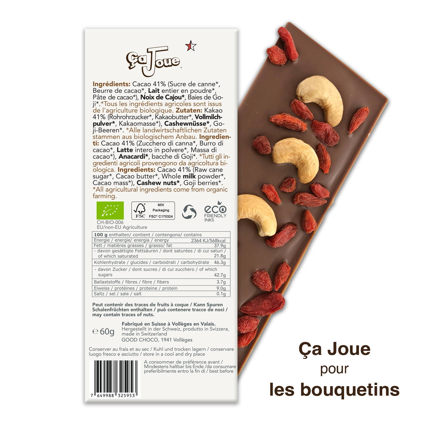 Chocolat au lait suisse 41% Cacao aux Noix de Cajou et aux Baies de Goji