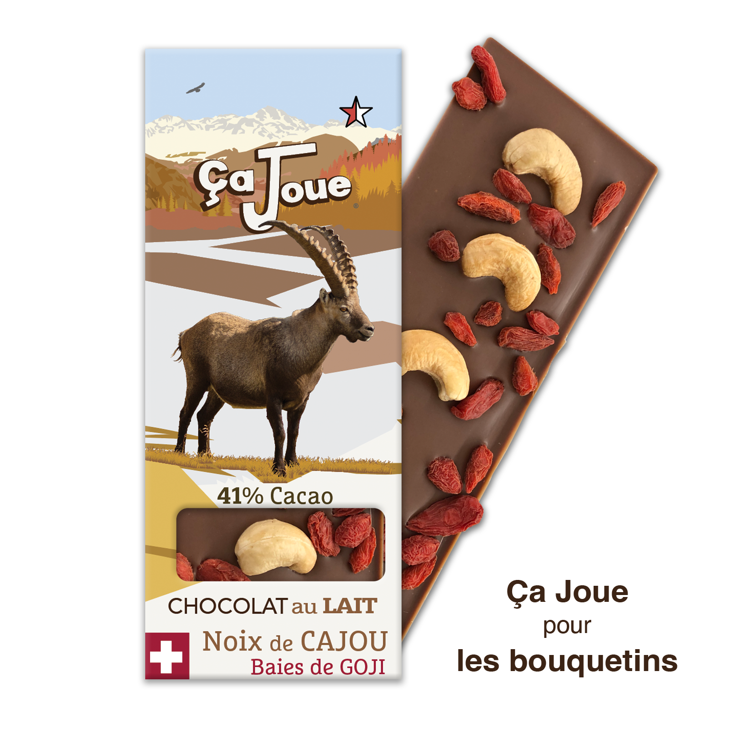 Chocolat au lait suisse 41% Cacao aux Noix de Cajou et aux Baies de Goji