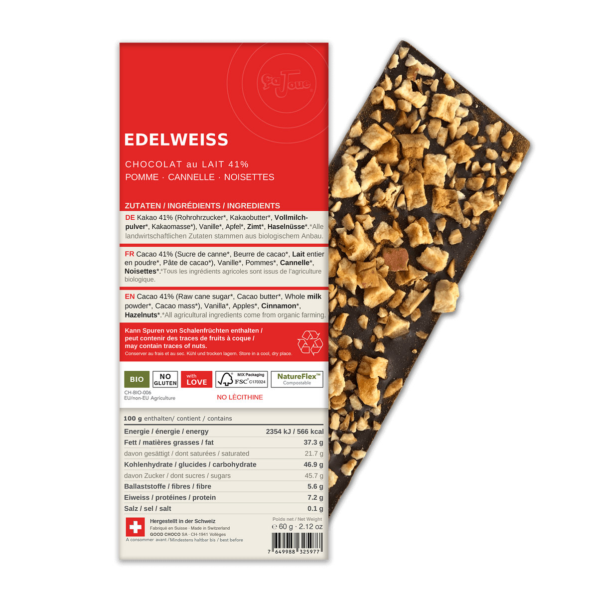 EDELWEISS: Schweizer Milchschokolade, Apfel, Zimt, Haselnüssen (BL4-S)