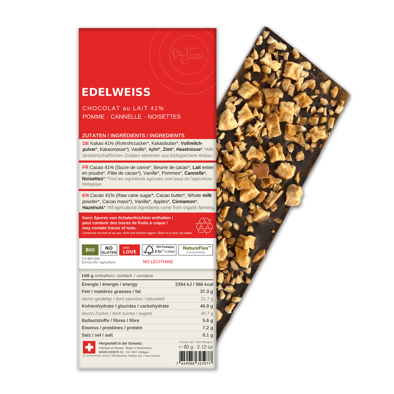 EDELWEISS: Swiss Milk Chocolate 41% Cacao, Apple, Cinnamon, Hazelnuts (BL4-S)