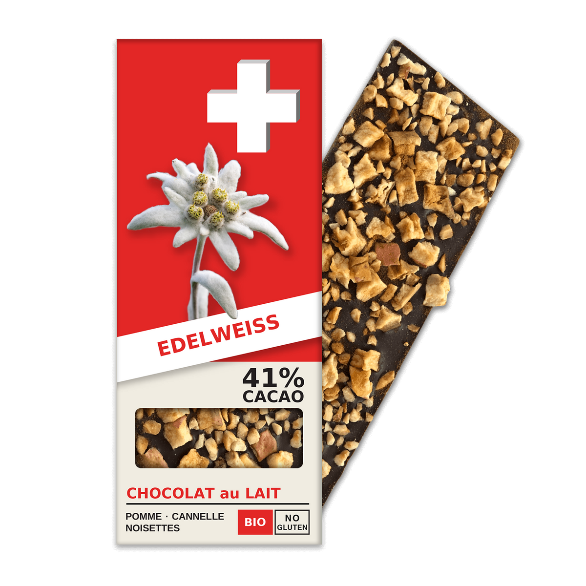Edelweiss: Schweizer Milchschokolade, Apfel, Zimt, Haselnüssen (BL4-S-W)