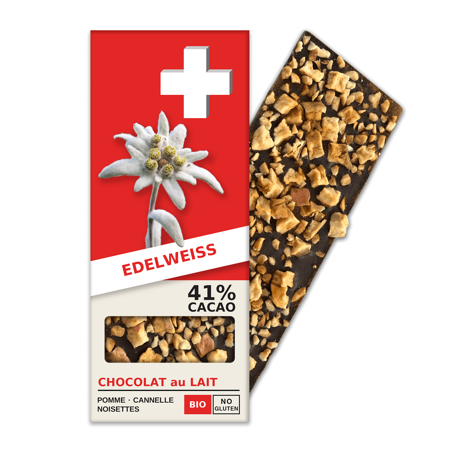 EDELWEISS: Swiss Milk Chocolate 41% Cacao, Apple, Cinnamon, Hazelnuts (BL4-S)