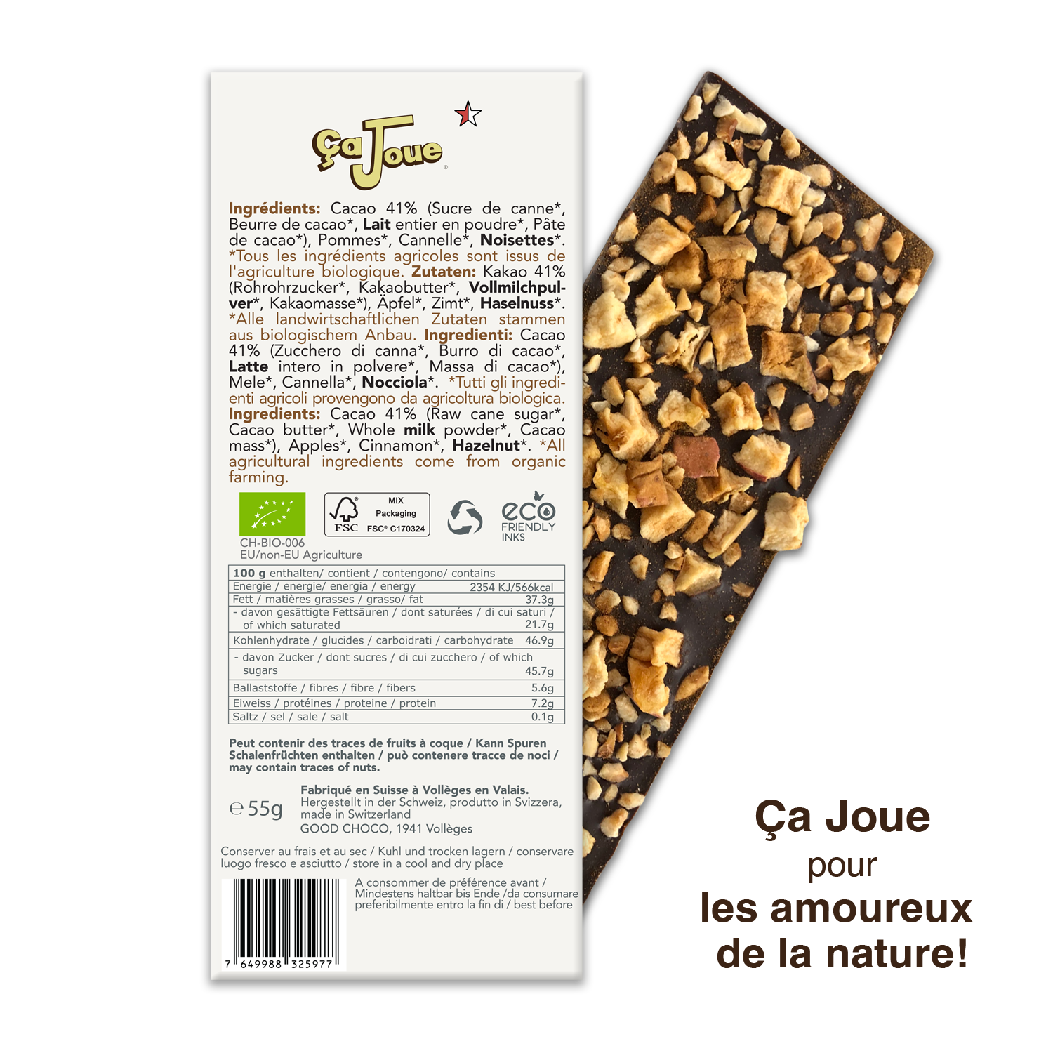 Chocolat au lait suisse 41% Cacao avec Pomme, Cannelle et Noisettes