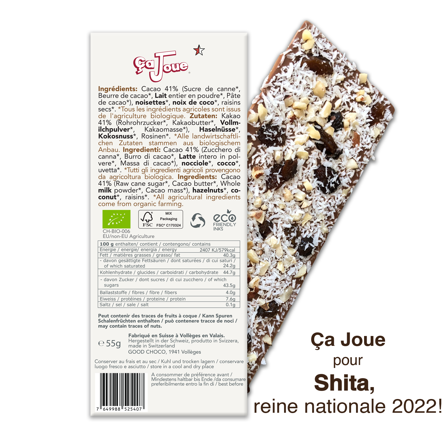 Chocolat au Lait suisse 41% Cacao avec Noix de Coco, Raisins secs et Noisettes