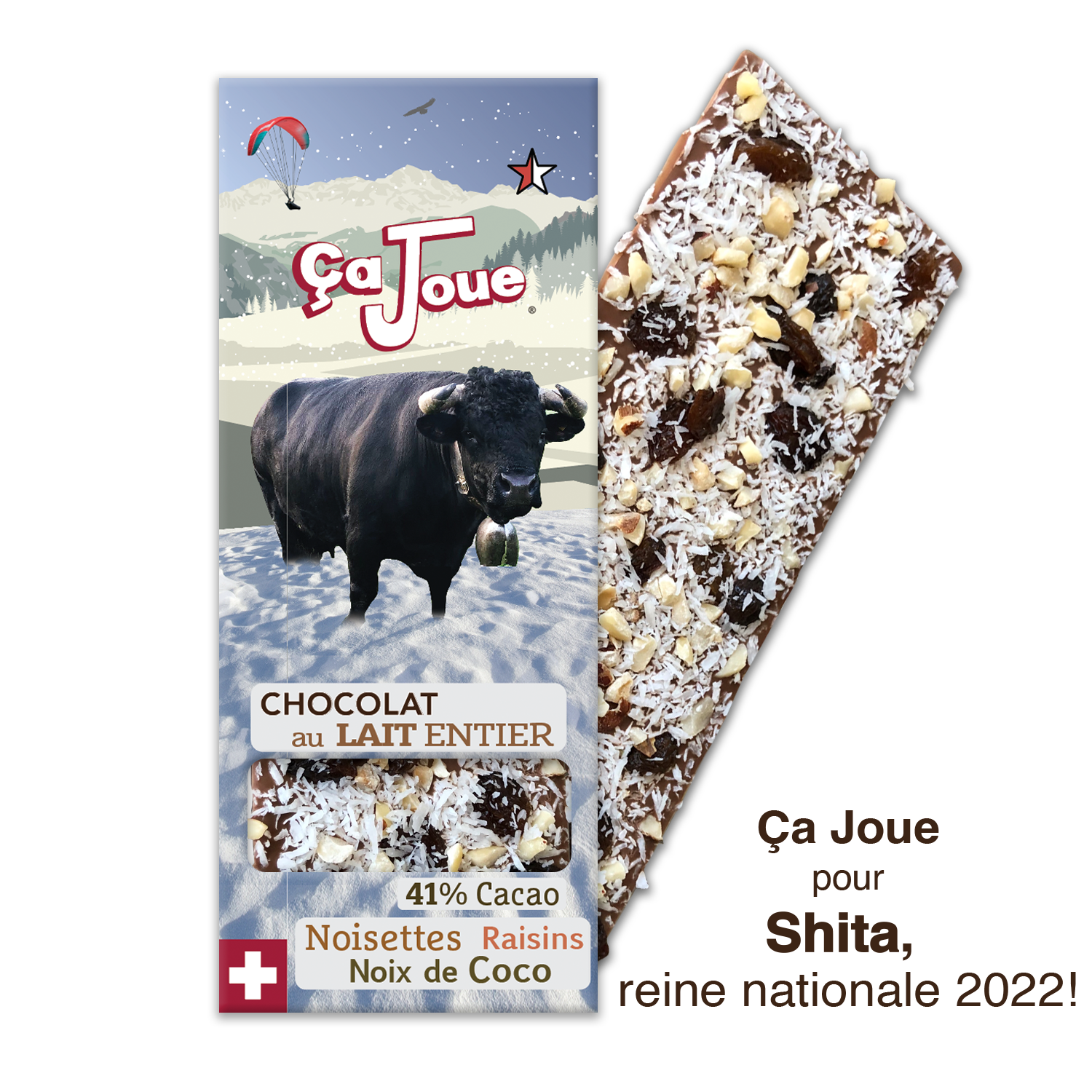 Chocolat au Lait suisse 41% Cacao avec Noix de Coco, Raisins secs et Noisettes