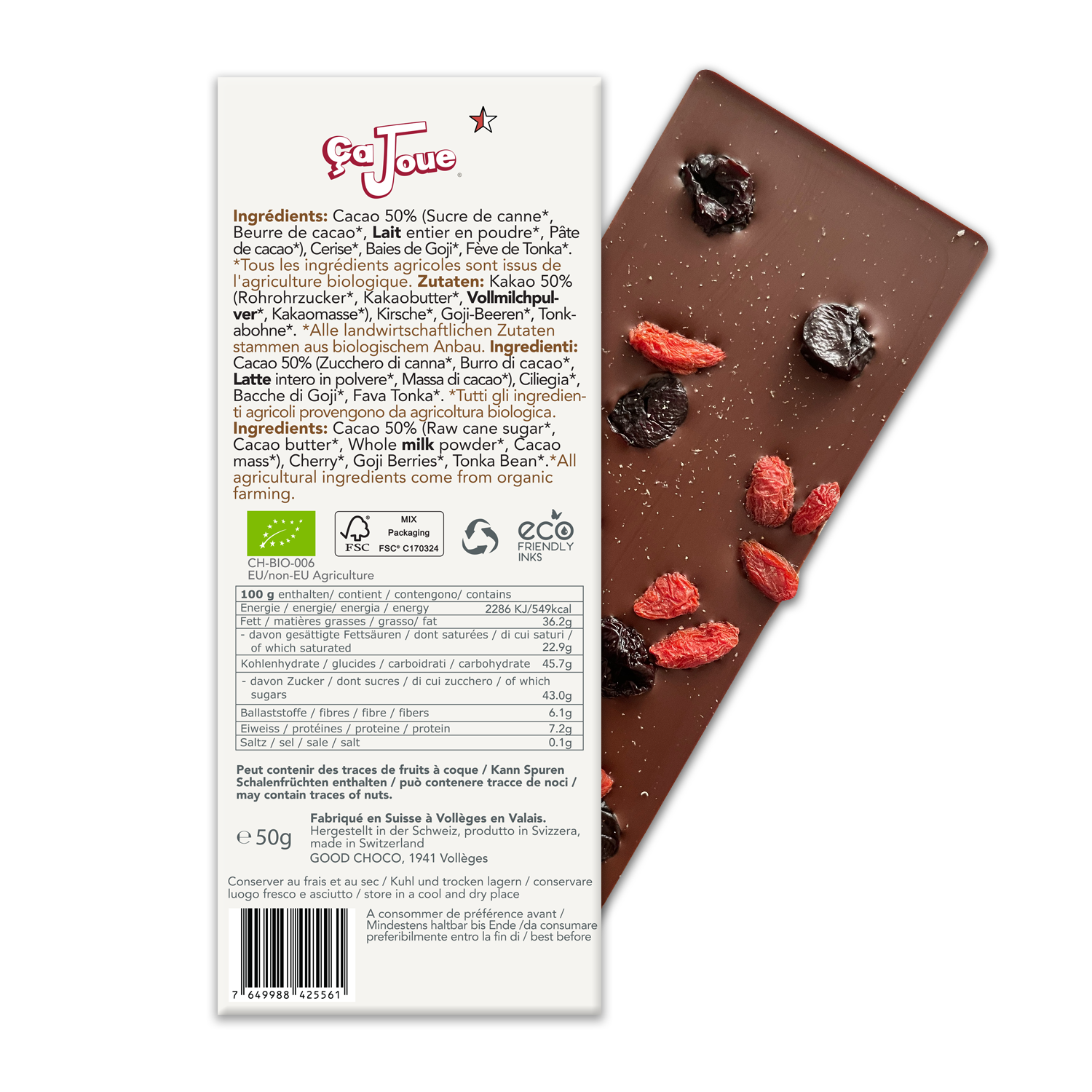 Chocolat au Lait suisse 50% Cacao avec Cerises, Baies de Goji et Fève Tonka