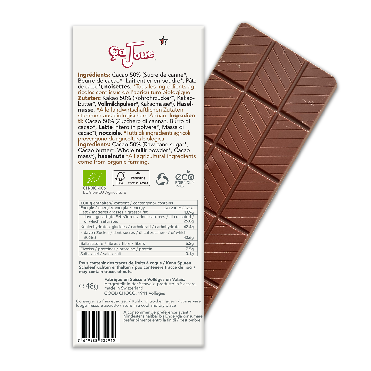 Chocolat au Lait suisse 50% Cacao aux Noisettes