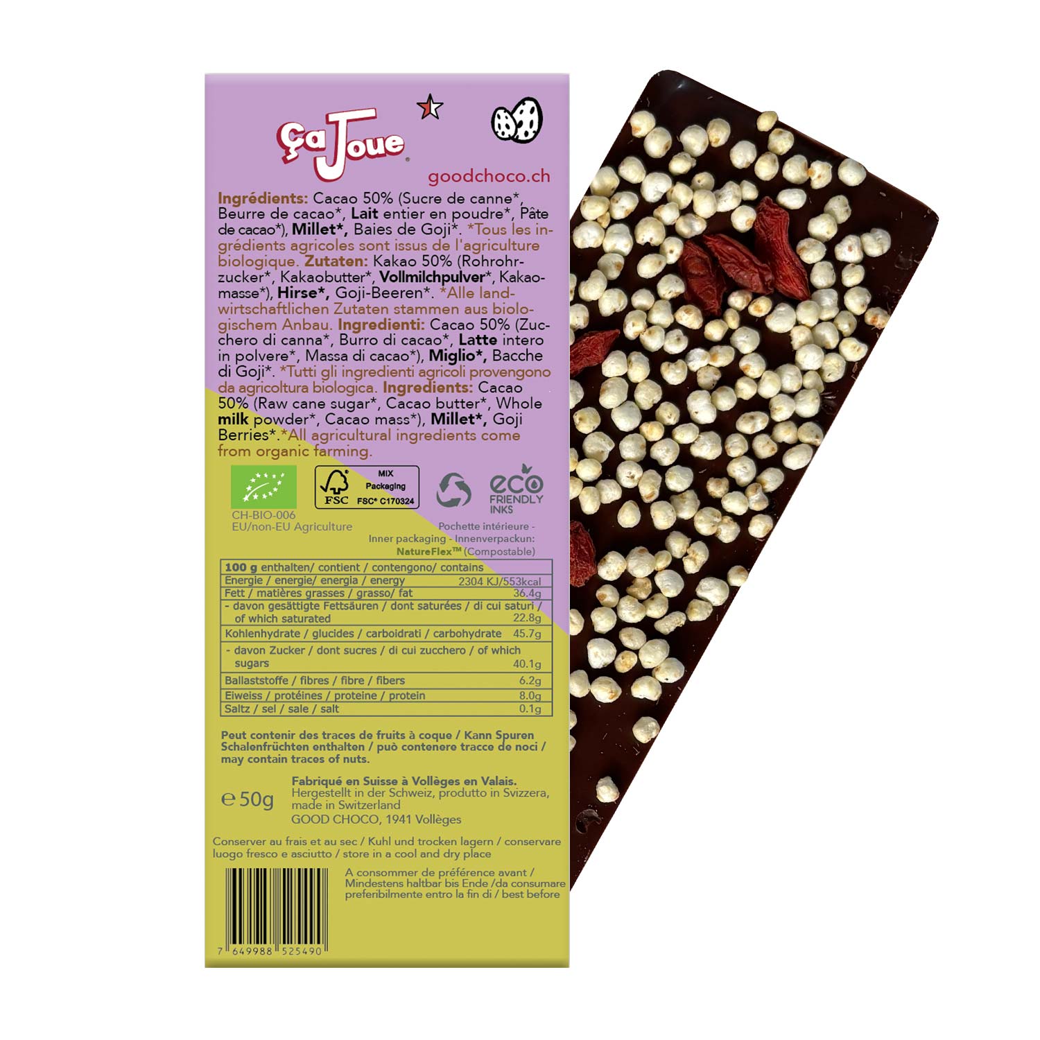 Swiss Milk Chocolate, 50% Cacao with Millet, Goji Berries.