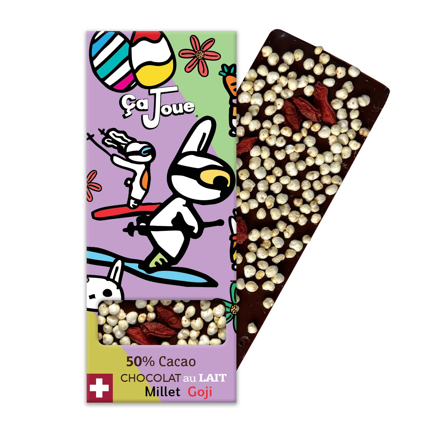 Swiss Milk Chocolate, 50% Cacao with Millet, Goji Berries.