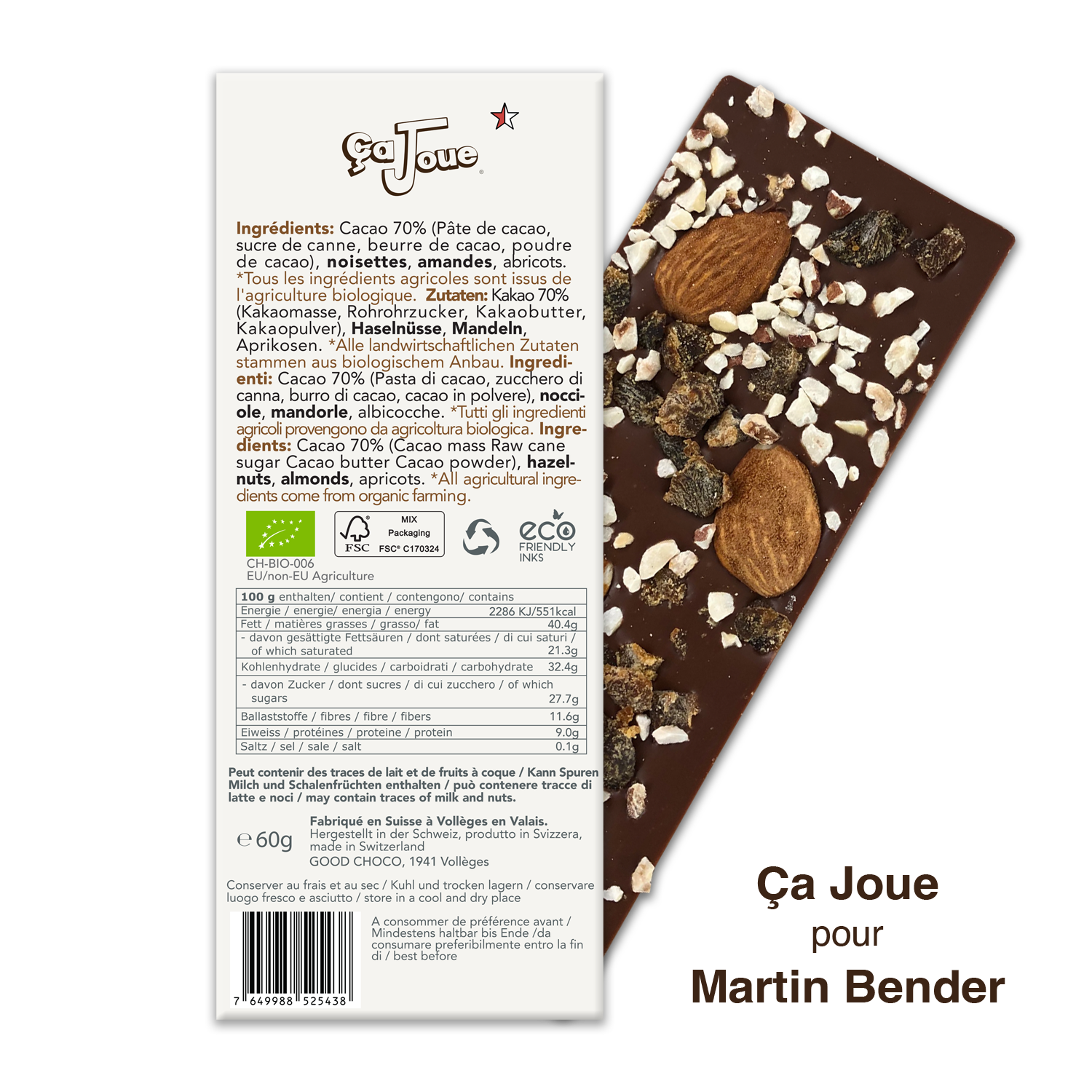 Chocolat Noir suisse 70% Cacao aux Amandes, Abricots et Noisettes