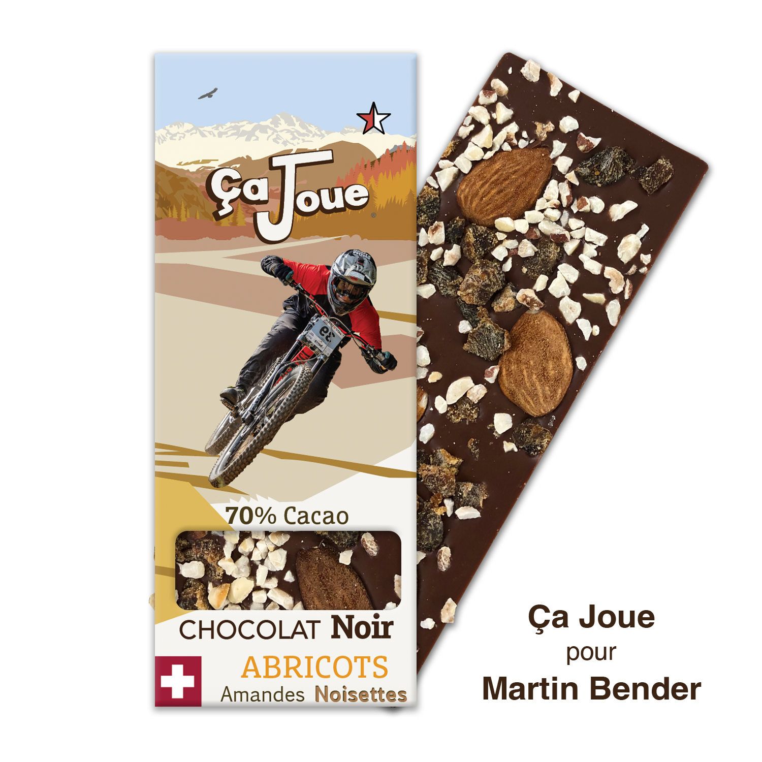 Chocolat Noir suisse 70% Cacao aux Amandes, Abricots et Noisettes