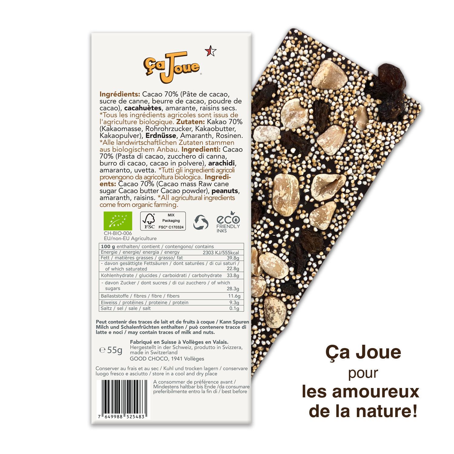 Chocolat Noir suisse 70% Cacao avec Cacahuètes, Amarante et Raisins secs