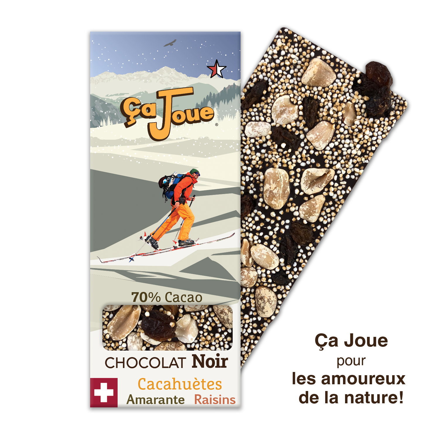 Chocolat Noir suisse 70% Cacao avec Cacahuètes, Amarante et Raisins secs