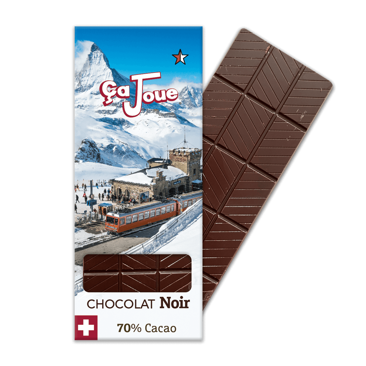 Chocolat Noir 70% Cacao, suisse et bio, représentant l'arrivée d'un train avec en arrière-plan la montagne le Cervin des Alpes suisses.