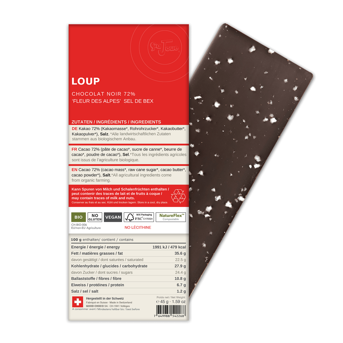 LOUP : Chocolat Noir 72 % Cacao, Sel des Alpes (BN2-S)