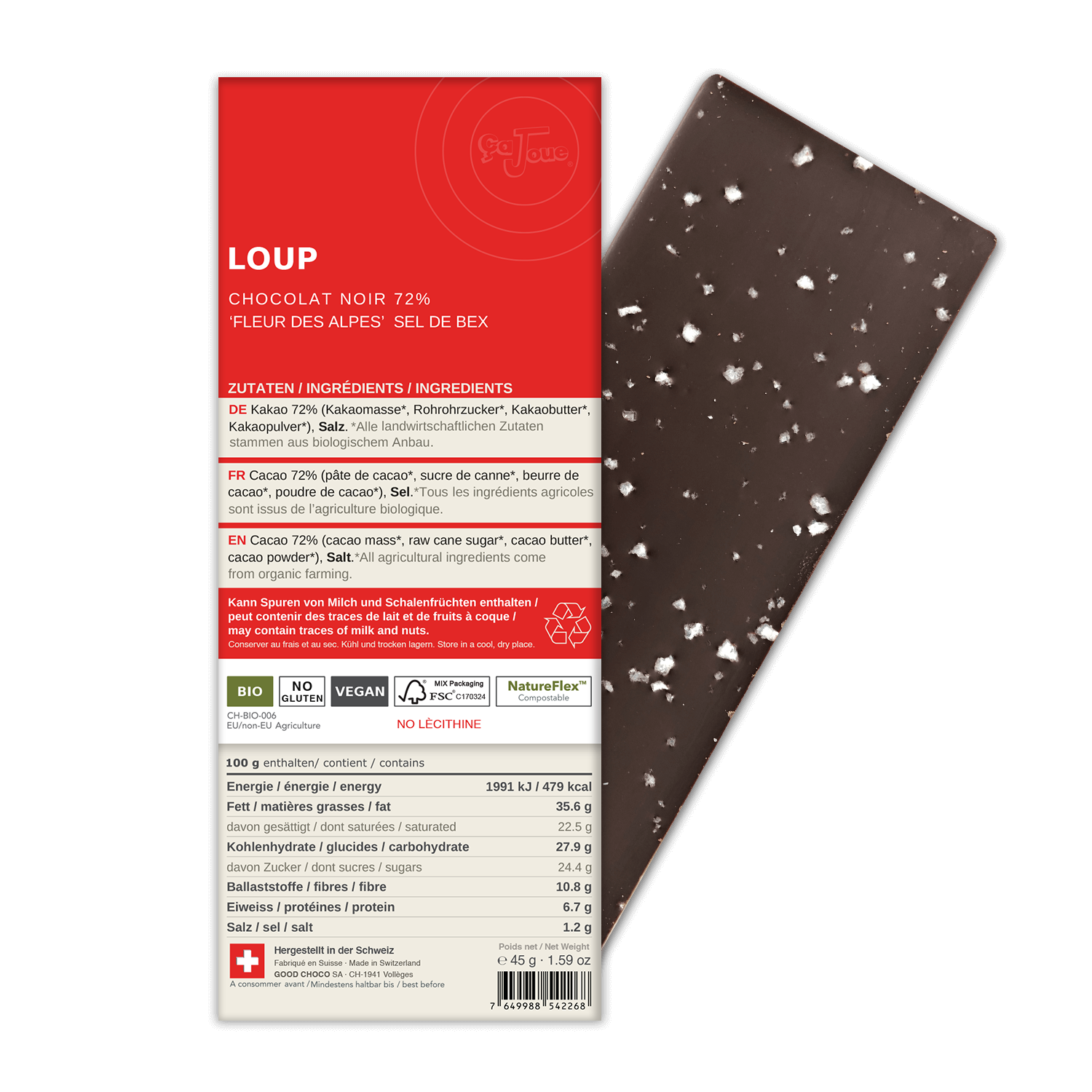LOUP: Dark Chocolate 72% Cacao, Salt from the Alps (BN2-S)