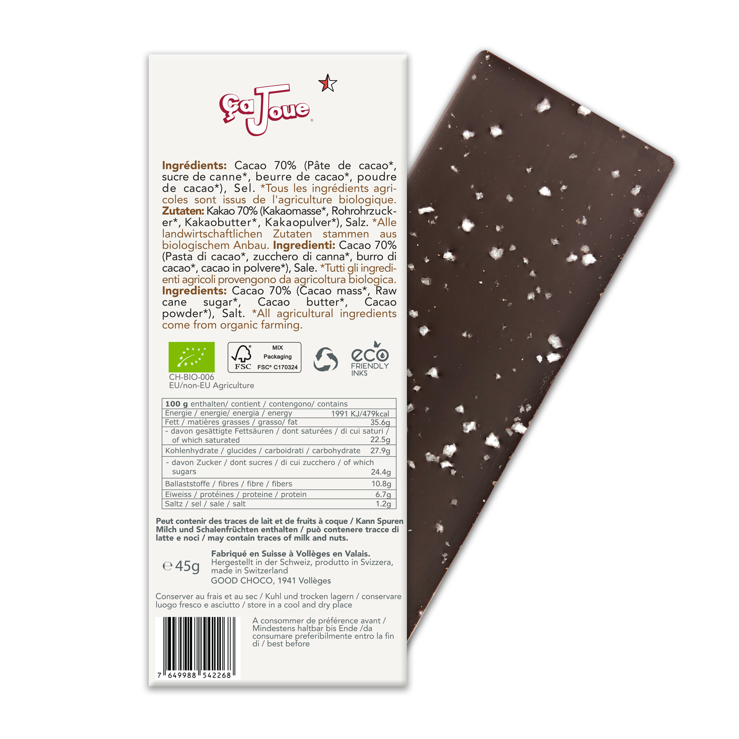 Chocolat Noir 70% Cacao au Sel de la Mine de Bex