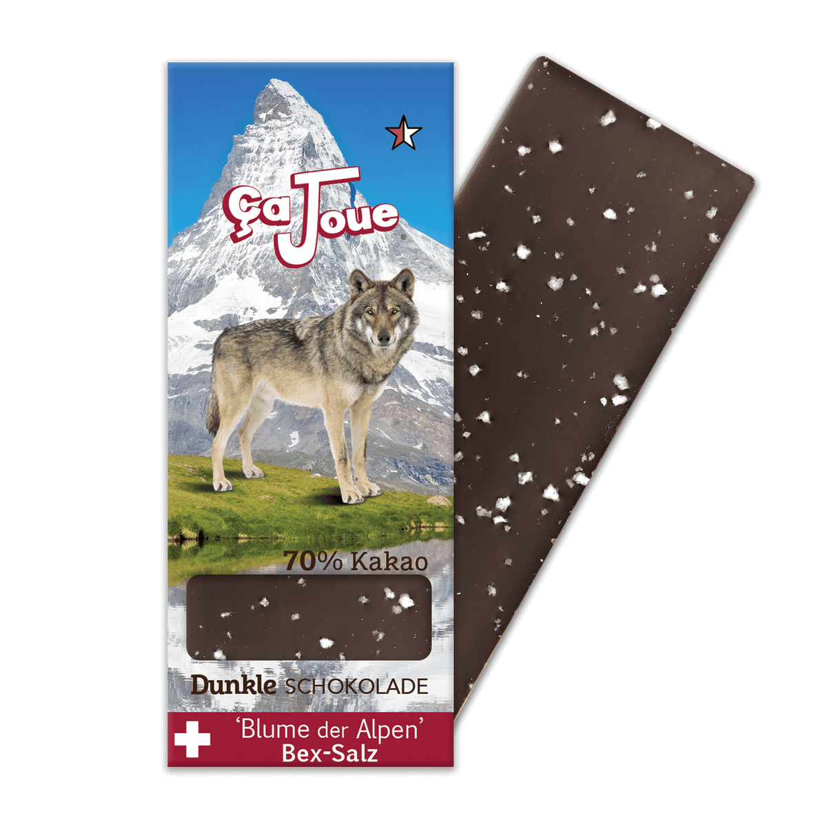 Dunkle Schokolade 70 % Kakao, Schweizer und Bio, mit Alpensalz aus der Mine Bex, das einen Wolf mit dem Matterhorn der Schweizer Alpen im Hintergrund darstellt.