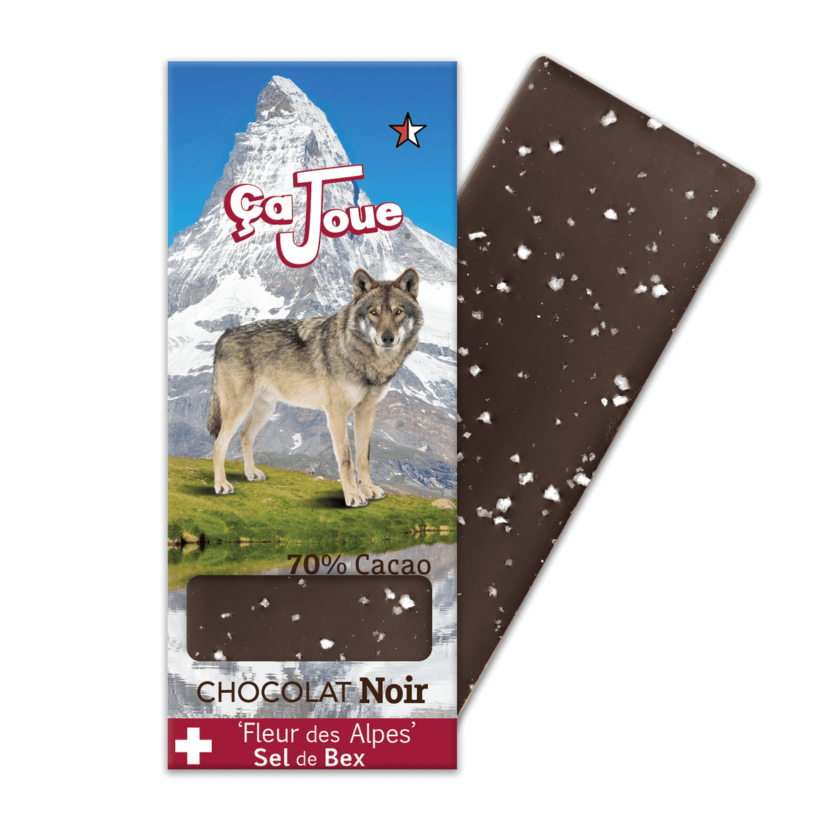 Organic Swiss 70% Cacao Dark Chocolate with Alpine Salt from the Bex mine, depicting a wolf with the Matterhorn mountain in the Swiss Alps in the background.