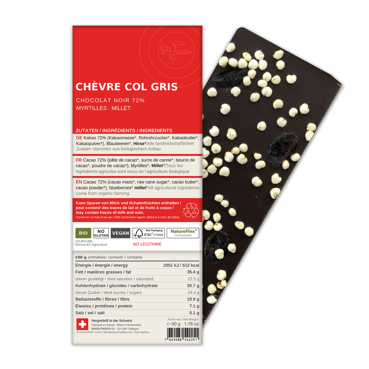 CHÈVRE COL GRIS : Chocolat Noir 72% Cacao, Myrtilles, Millet (BN3-S)