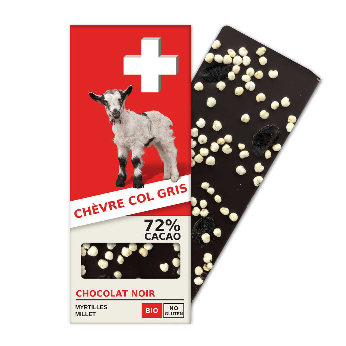CHÈVRE COL GRIS : Chocolat Noir 72% Cacao, Myrtilles, Millet (BN3-S)