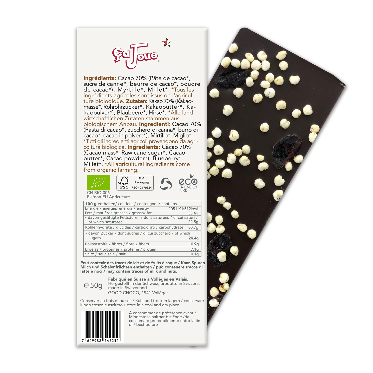 Chocolat Noir suisse 70% Cacao aux Myrtilles et au Millet