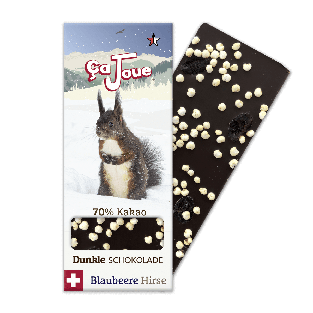 Dunkle Schokolade 70 % Kakao, Schweizer und Bio, mit Blaubeeren und Hirse, die ein Eichhörnchen im Schnee darstellt, mit einer grafischen Darstellung von Verbier und den Alpen im Hintergrund.