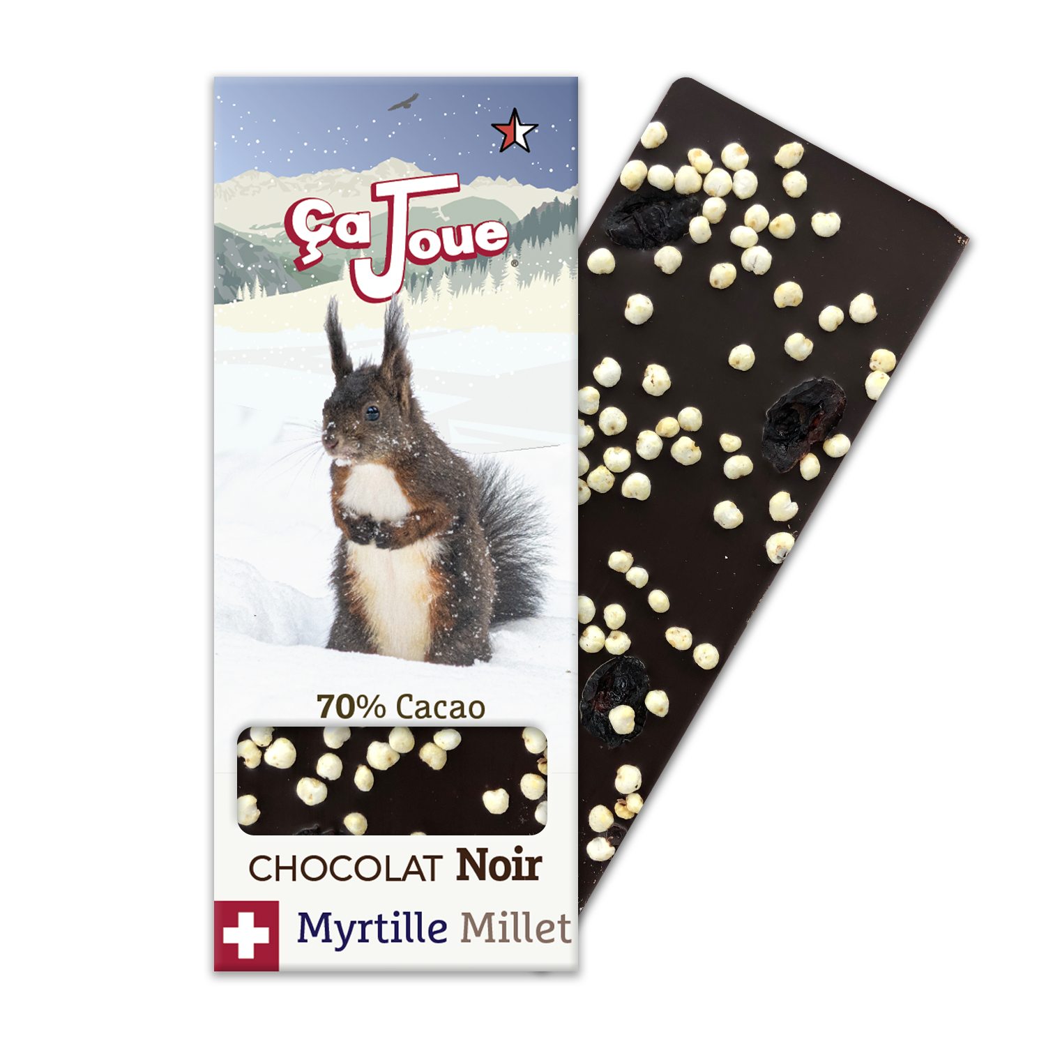 Chocolat Noir suisse 70% Cacao aux Myrtilles et au Millet