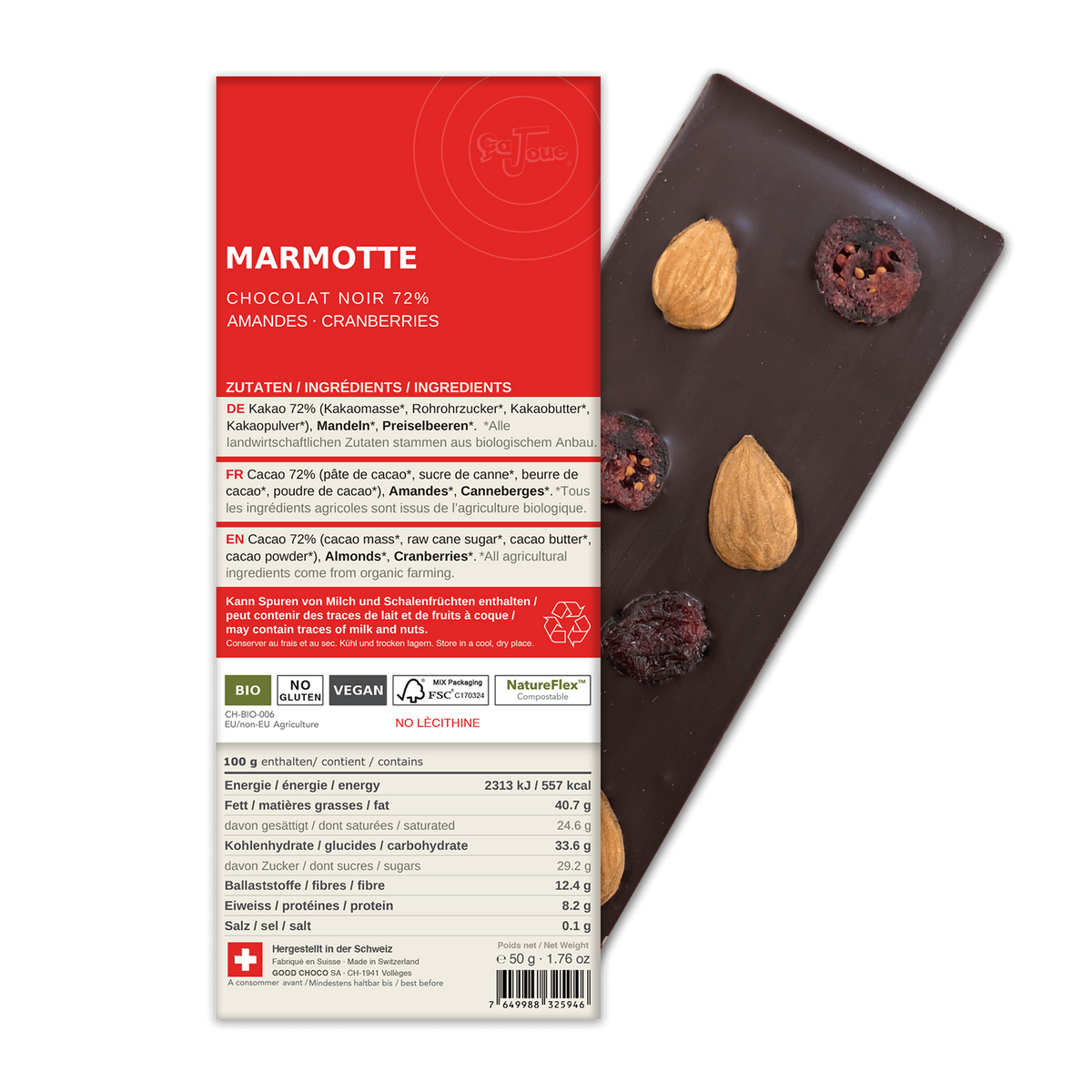 MARMOTTE: Dark Chocolate 72% Cacao, Almonds, Cranberries (BN5-S)