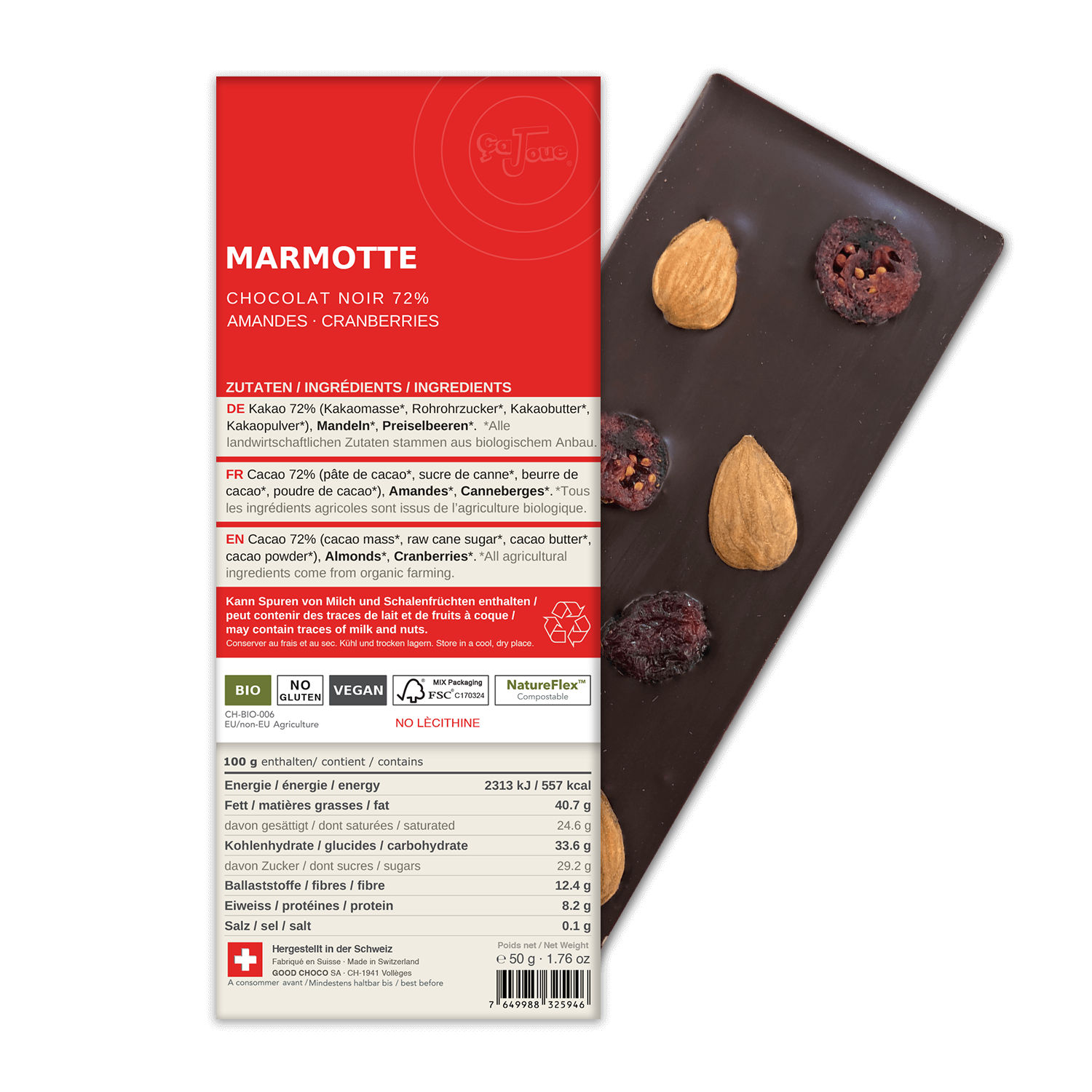 MARMOTTE: Dark Chocolate 72% Cacao, Almonds,  Cranberries (BN5-S)