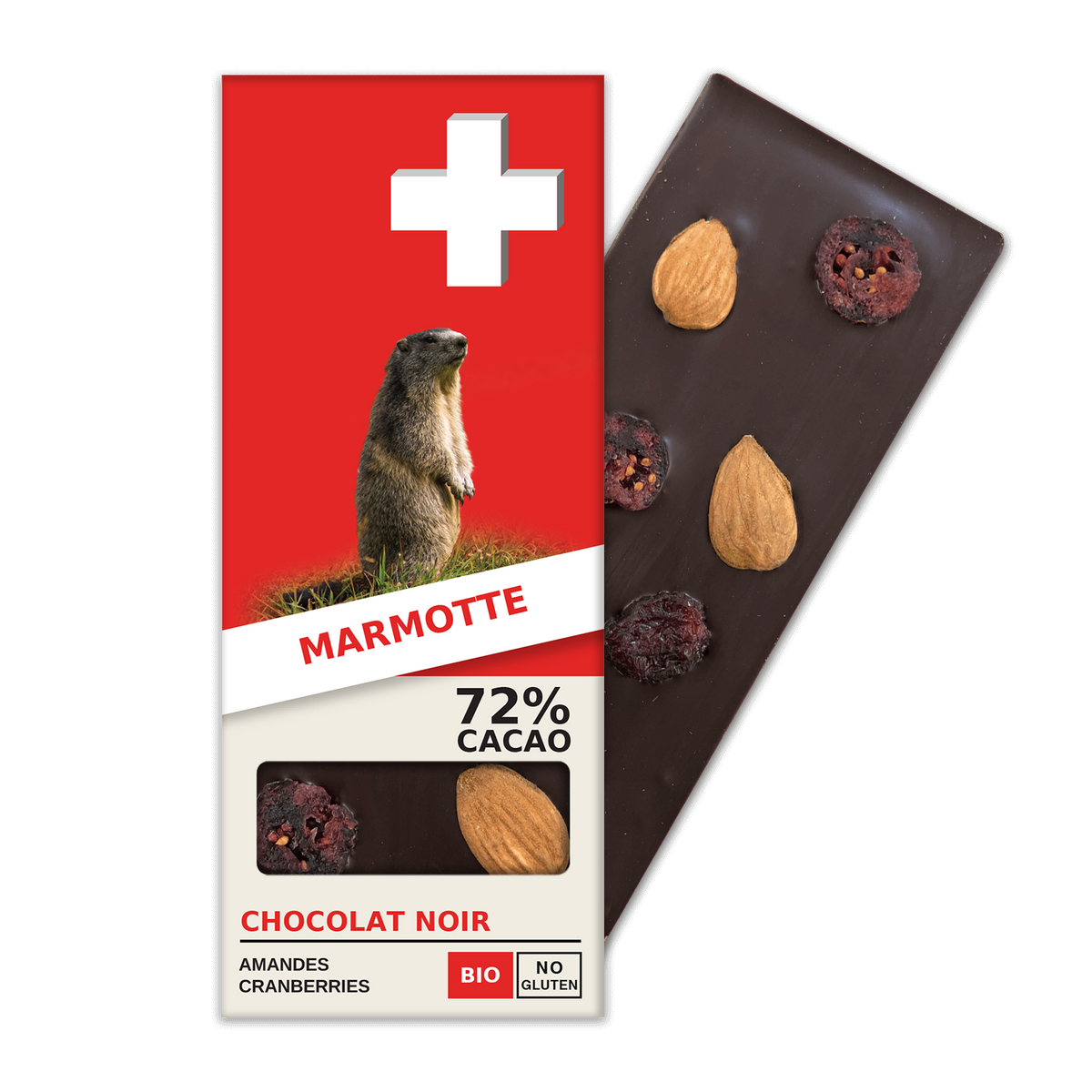 MARMOTTE: Dunkle Schokolade 72% Kakao, Mandeln, Preiselbeeren (BN5-S-W)