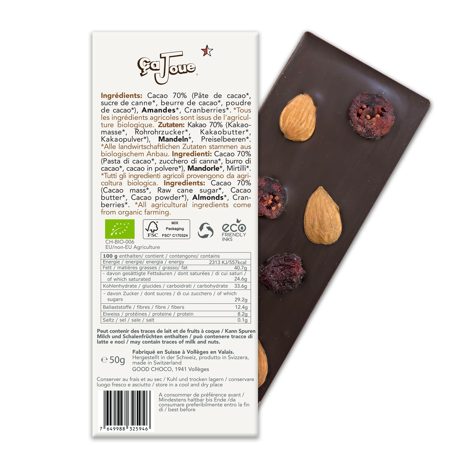 Chocolat Noir suisse 70% Cacao aux Amandes et aux Cranberries