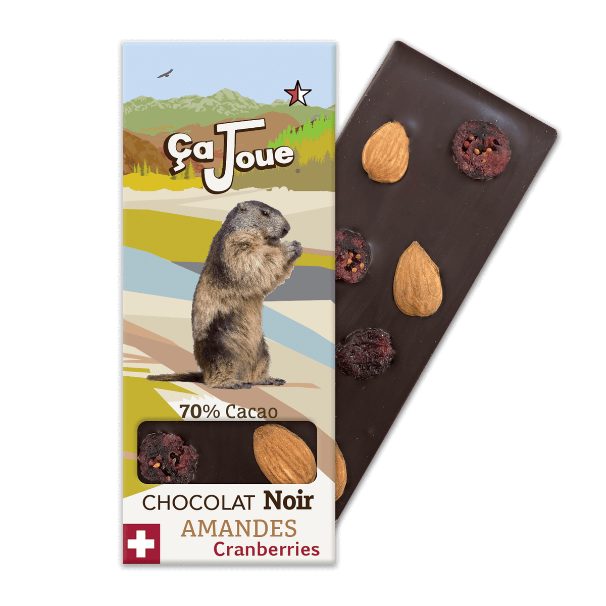 Organic Swiss 70% Cacao Dark Chocolate with Almonds and Cranberries, featuring a marmot with a graphic representation of Verbier and the Alps in the background.