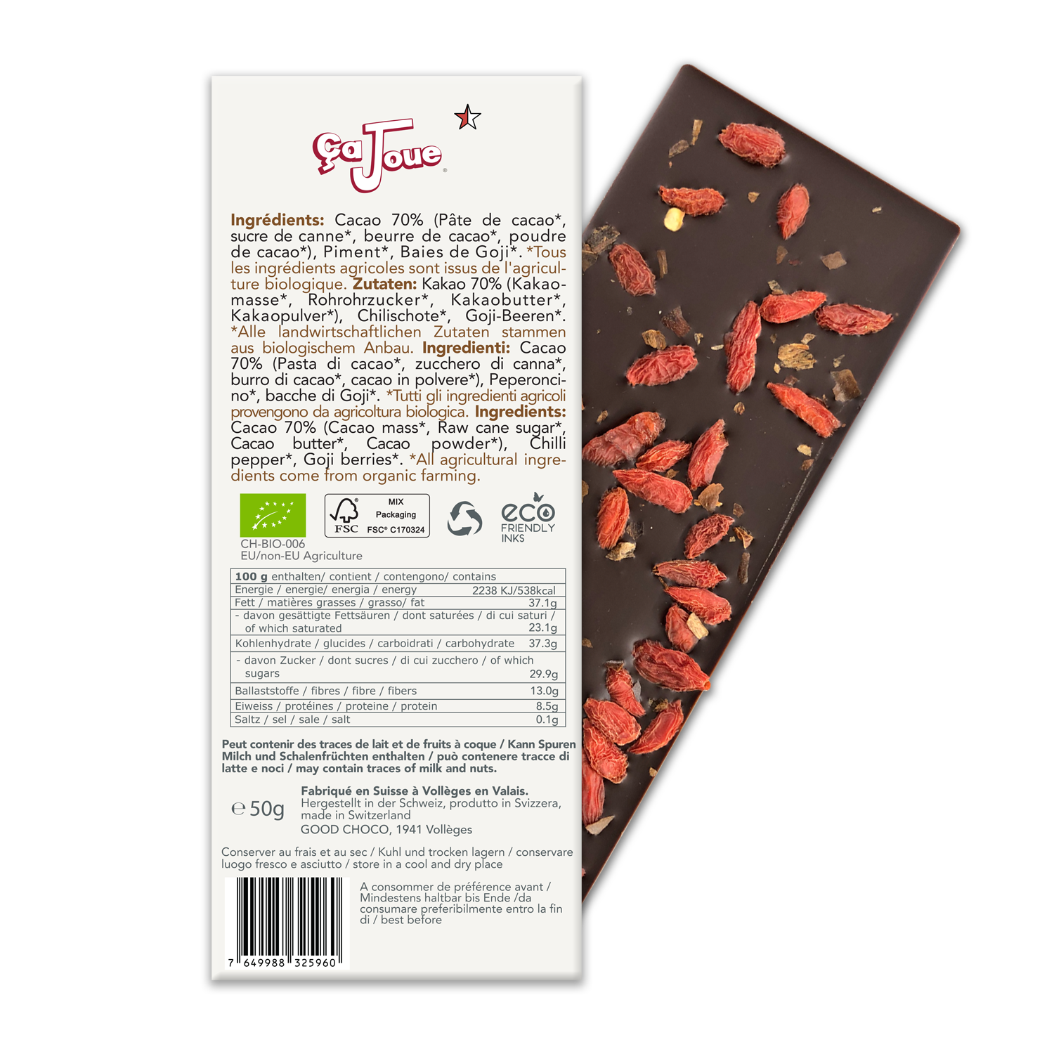 Chocolat Noir suisse 70% Cacao au Piment et aux Cranberries