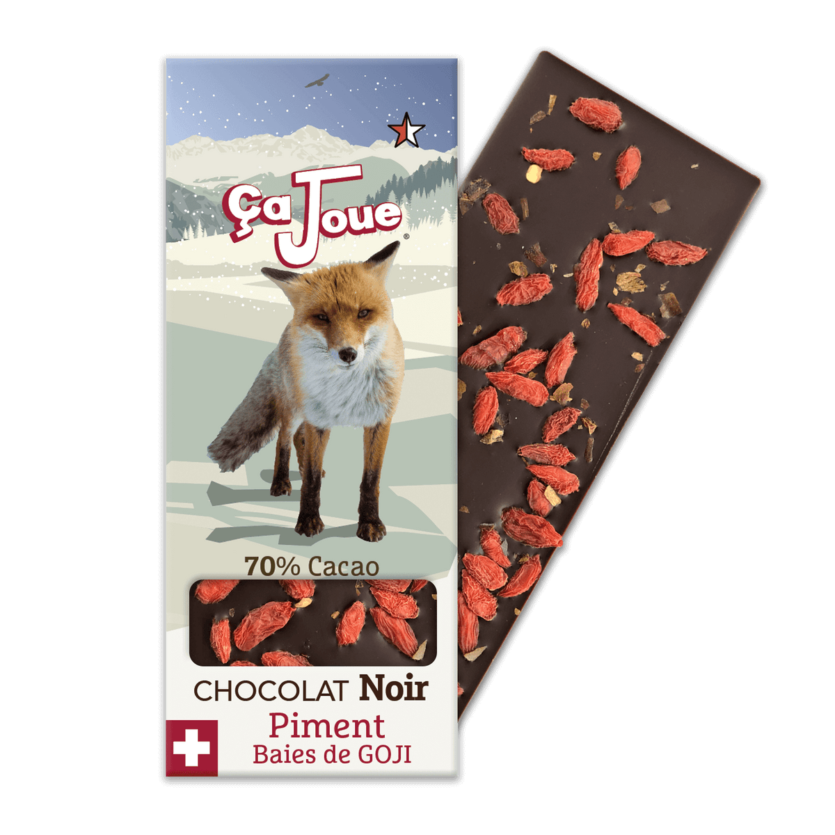 Chocolat Noir 70% Cacao, suisse et bio, au Piment et Baies de Goji, représentant un renard avec en arrière-plan une représentation graphique de Verbier et des Alpes.