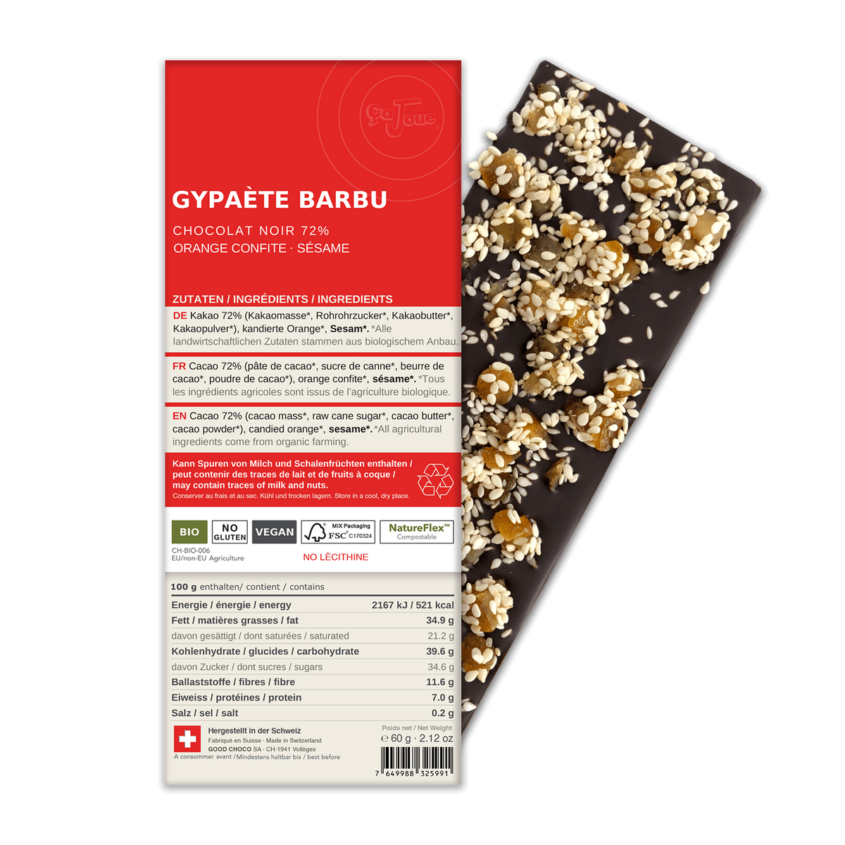 GYPAÈTHE BARBU: Chocolat Noir 72% Cacao, Sésame, Oranges Confites (BN7-S)