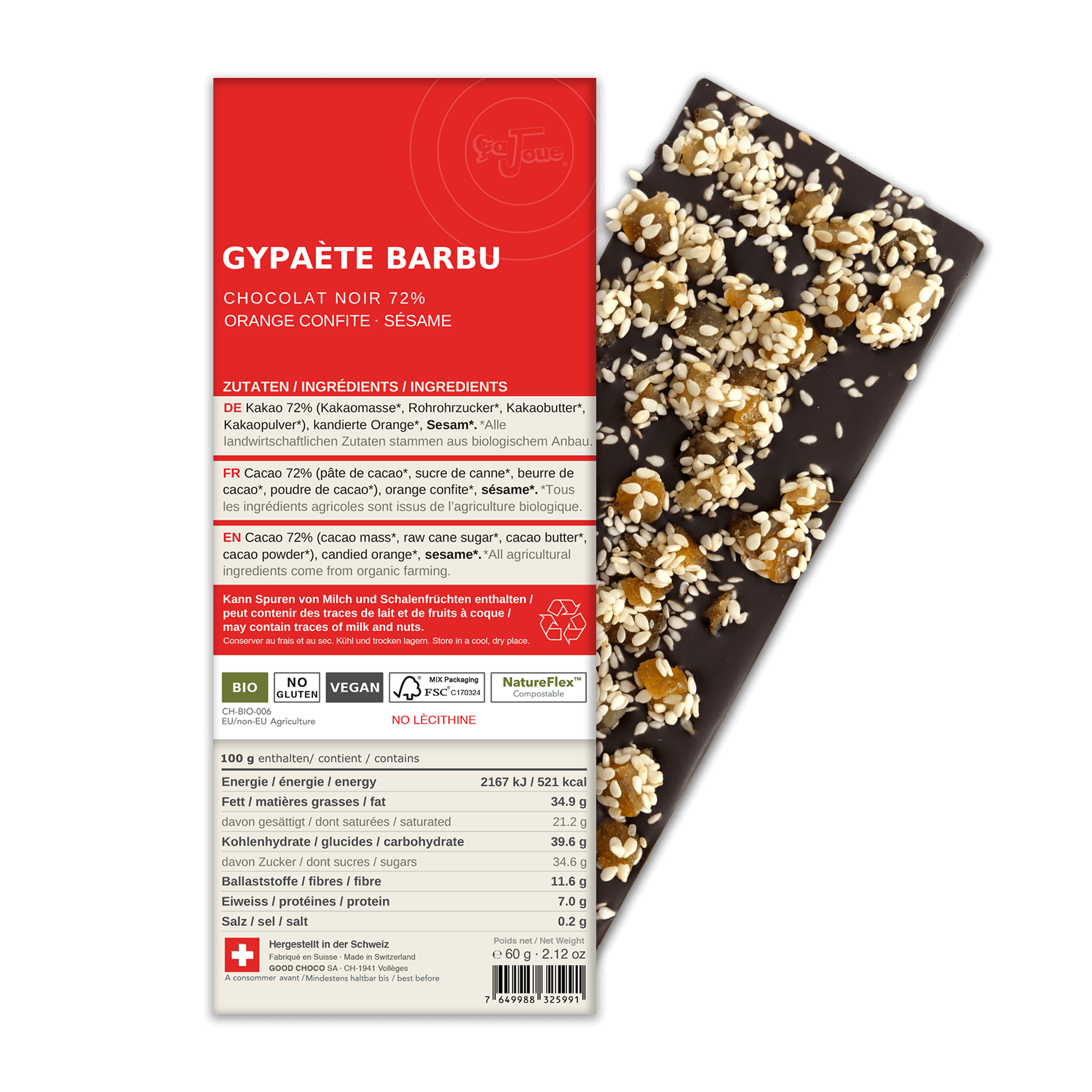 GYPAETHE BARBU: Dark Chocolate 72% Cacao, Sesame, Candied Oranges (BN7-S)