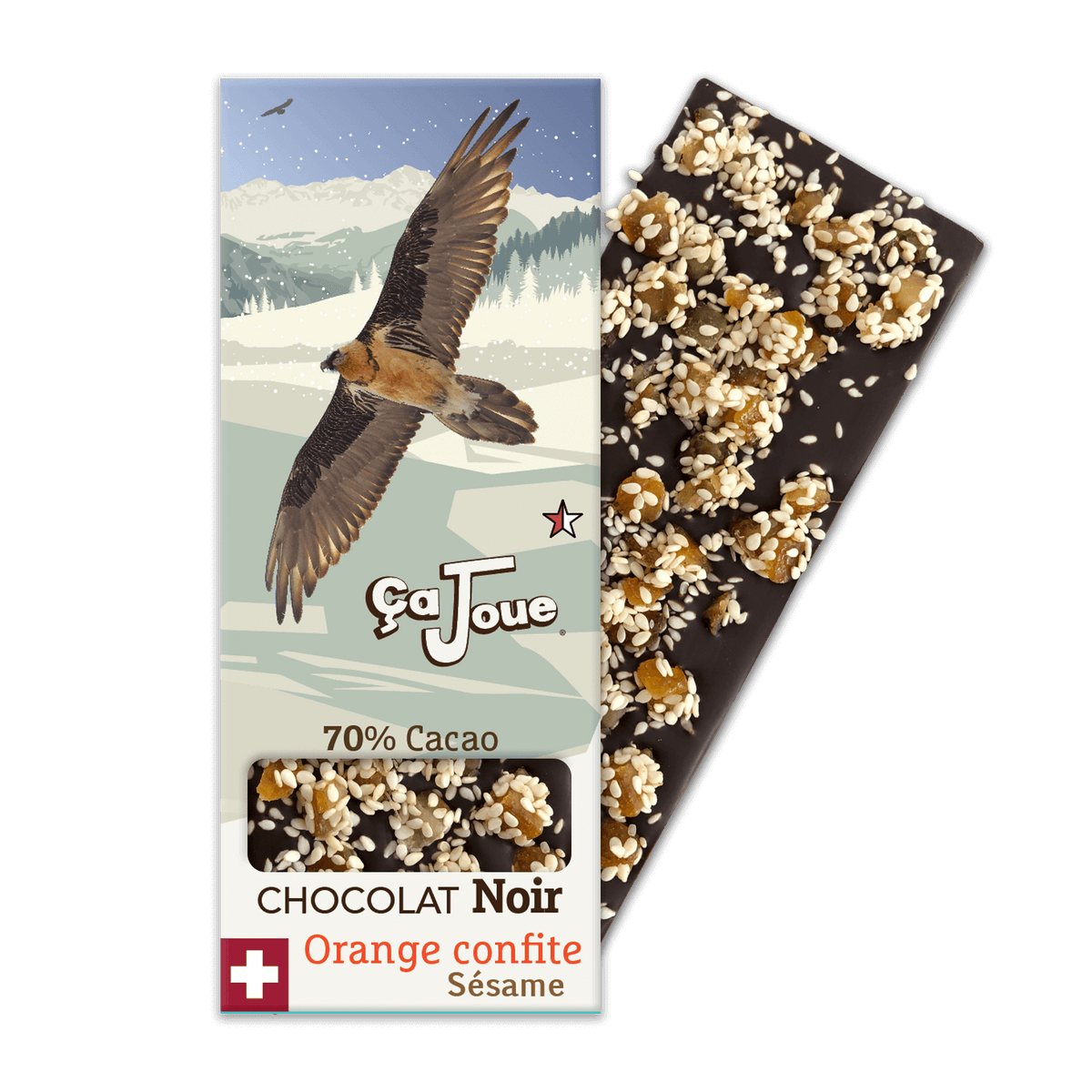 Organic Swiss 70% Cocoa Dark Chocolate with Sesame and Candied Oranges, depicting a bearded vulture bird with a graphic representation of Verbier and the Alps in the background.
