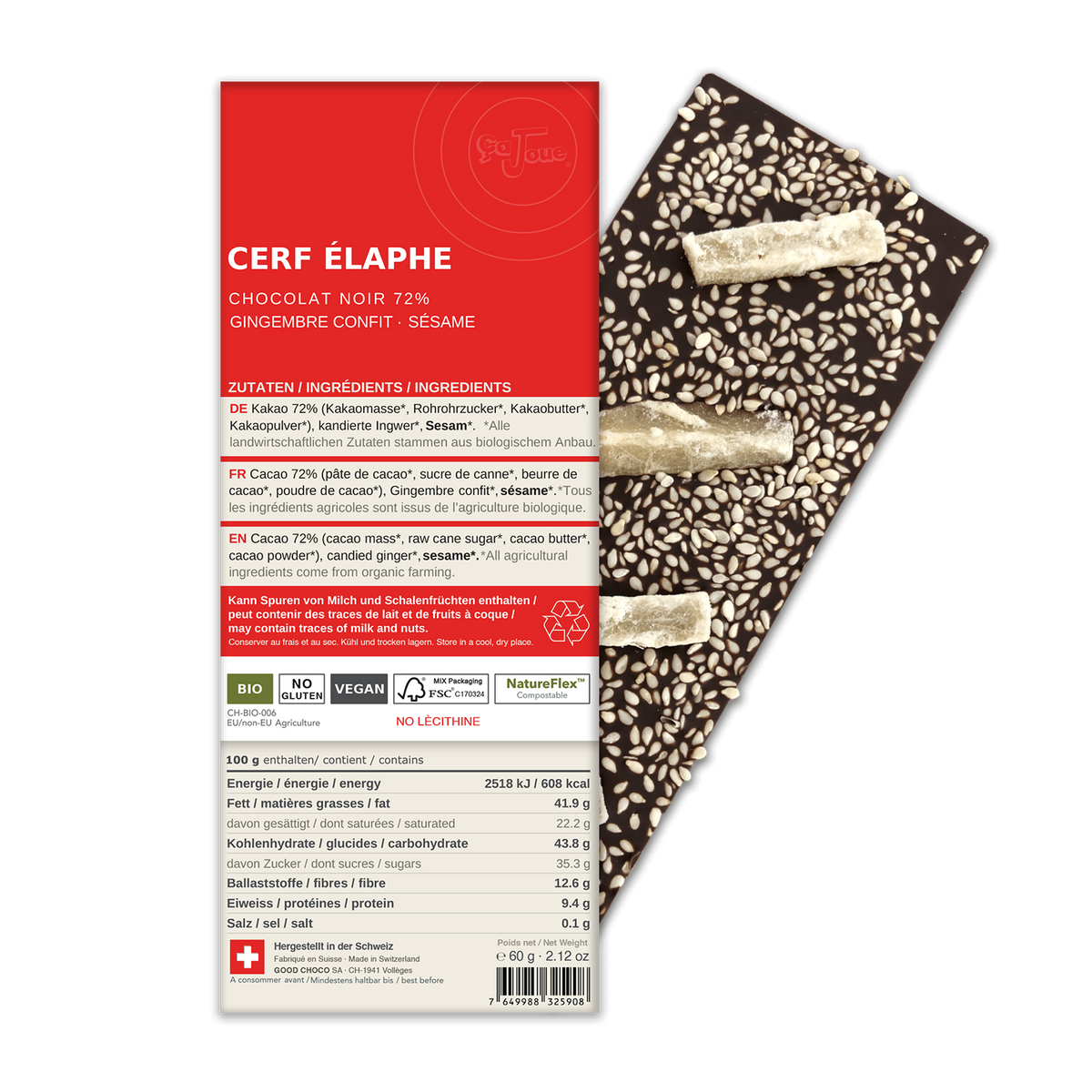 CERF ÉLAPHE: Chocolat Noir 72% Cacao, Sésame, Gingembre Confit (BN8-S)