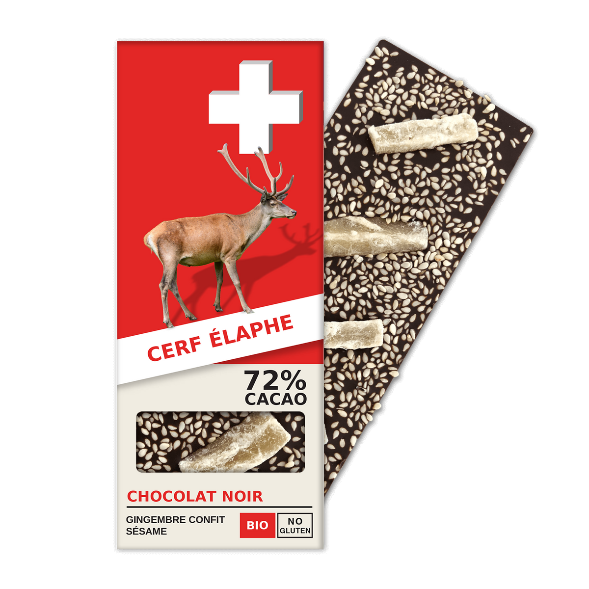CERF ÉLAPHE: Chocolat Noir 72% Cacao, Sésame, Gingembre Confit (BN8-S)