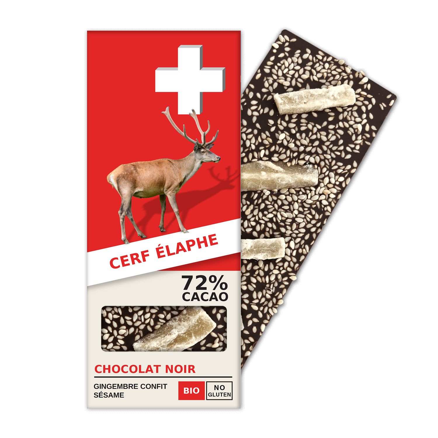 CERF ÉLAPHE: Dark Chocolate 72% Cacao, Sesame, Candied Ginger (BN8-S)