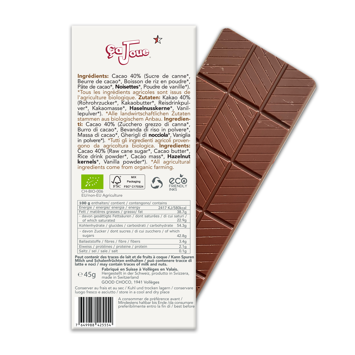 Chocolat Vegan 40% Cacao aux Noisettes et Boisson au Riz en poudre